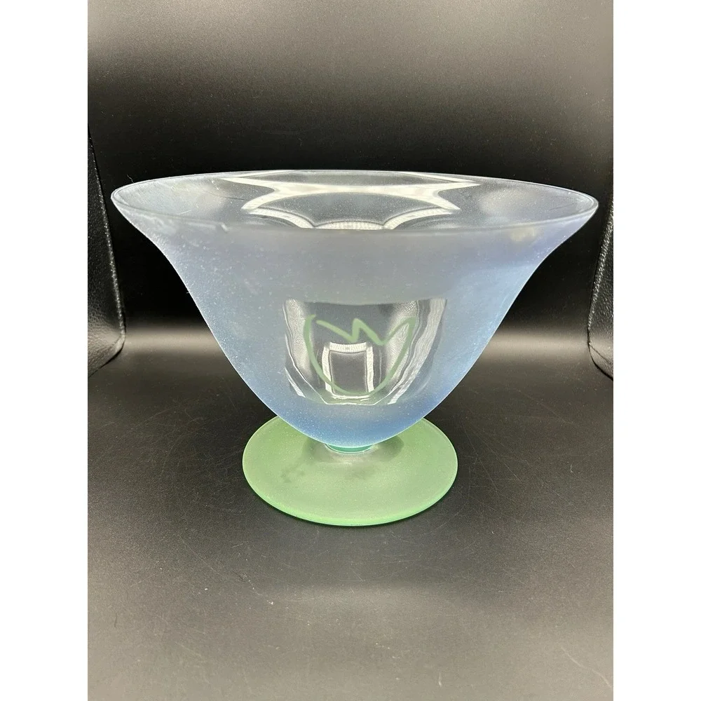 Block Mouth Blown Crystal Art Glass Footed Bowl Frosted Blue Body Green Base